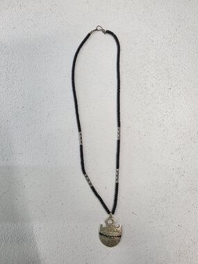 Handmade Tuareg Saharan berber Black Bead Necklace with Silver Shield Pendant